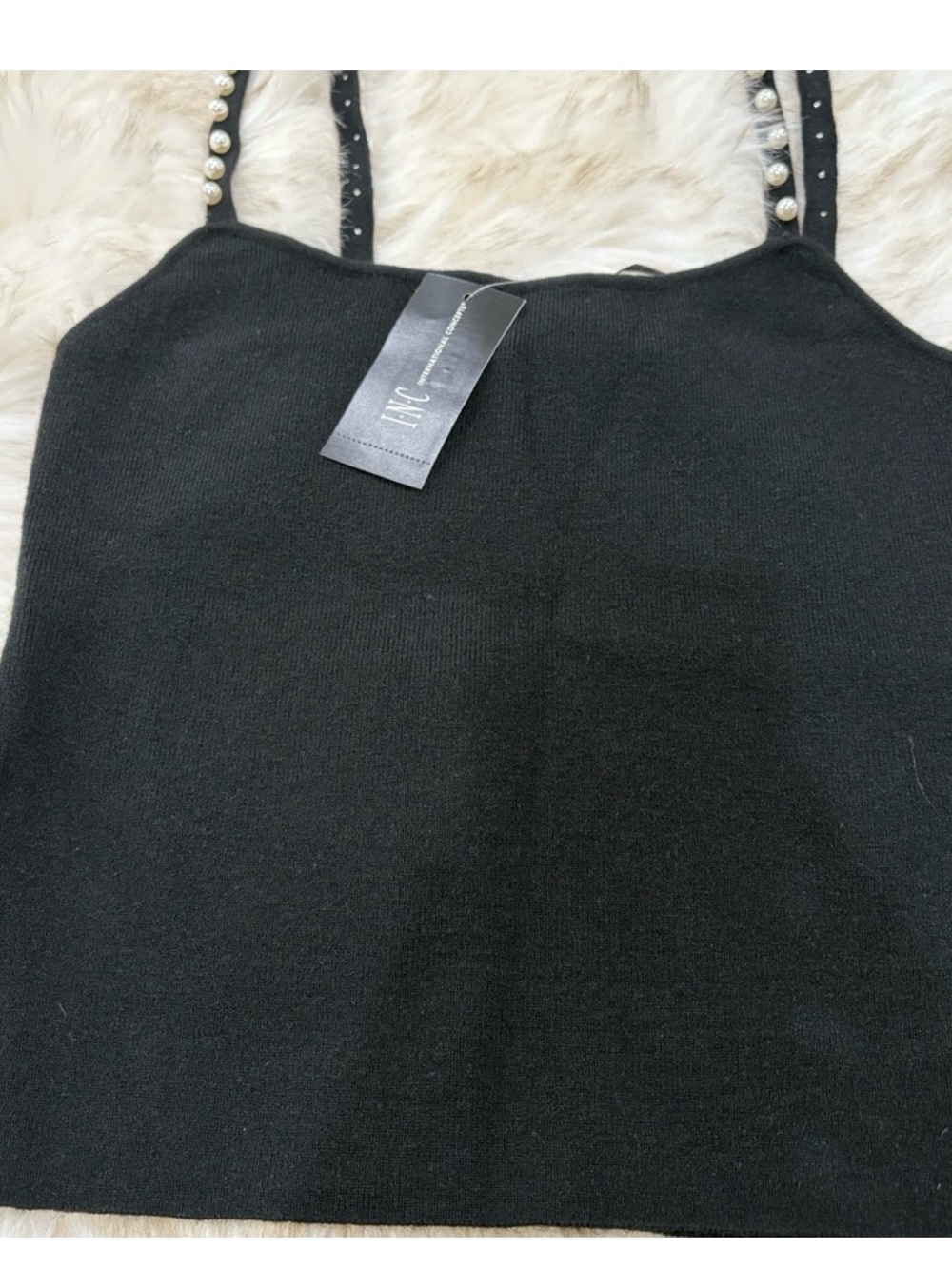 INC International Concepts Black Pearl-Strap Knit Camisole